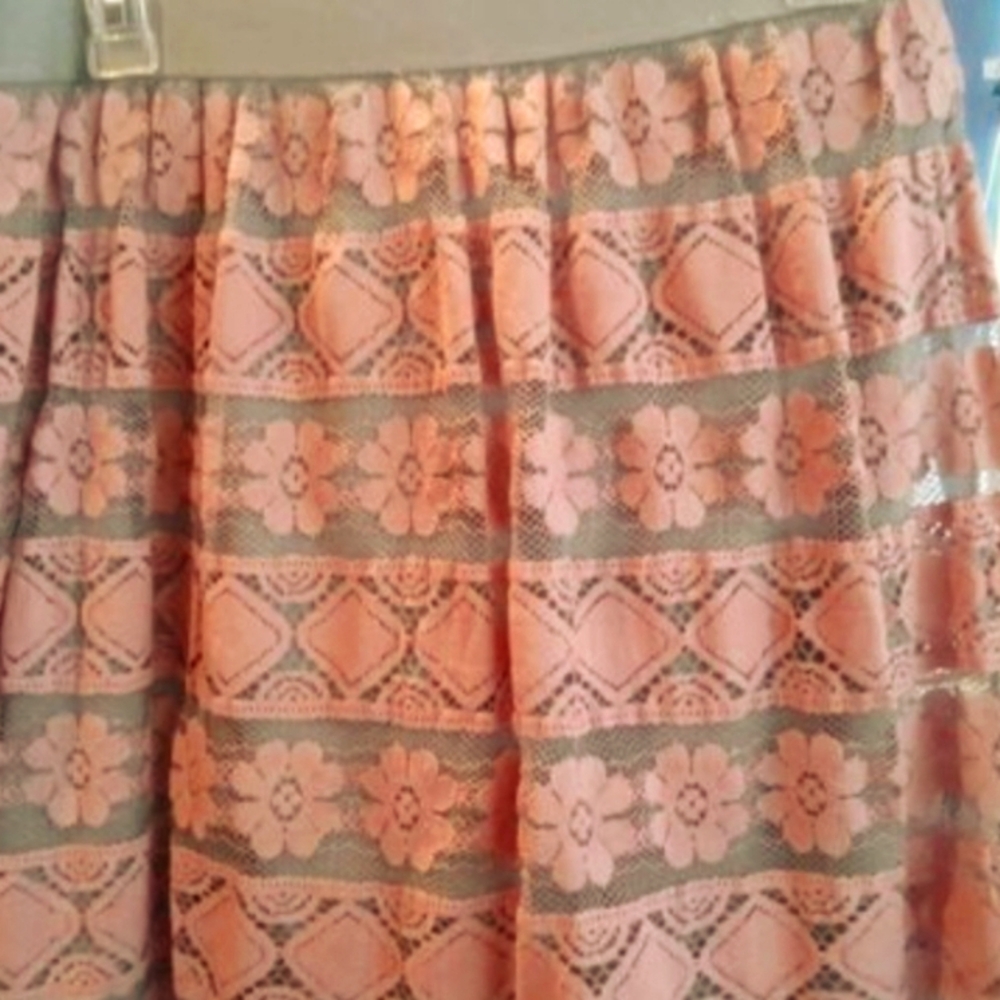 Peach / Taupe Floral Netted Elastic Waist Skater Skirt with Lining Size M